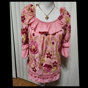 Cottagecore Pink Embroidered Floral 3/4 Sleeve Ruffle Top Peasant Blouse●